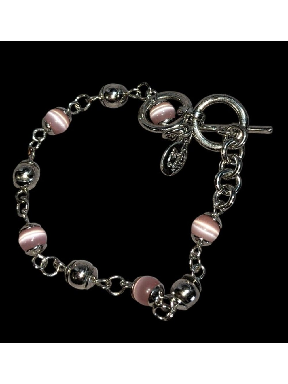 Y2K Vintage Cookie Lee Pink Cat Eye Beaded Silver Tone Toggle Bracelet